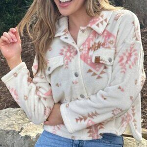 Simply Southern Cream Aztec Western Furry Cropped Button Up Shacket Top Size S